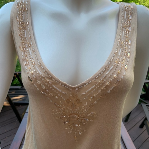 Zara natural Tan color Tank Top sexy deep V neck with shiny beadings US M - Picture 2 of 13